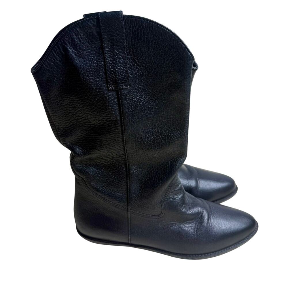 VINTAGE NINE WEST Women's Size 7 Pebbled Leather Flat Cowboy Boot Black Pull On